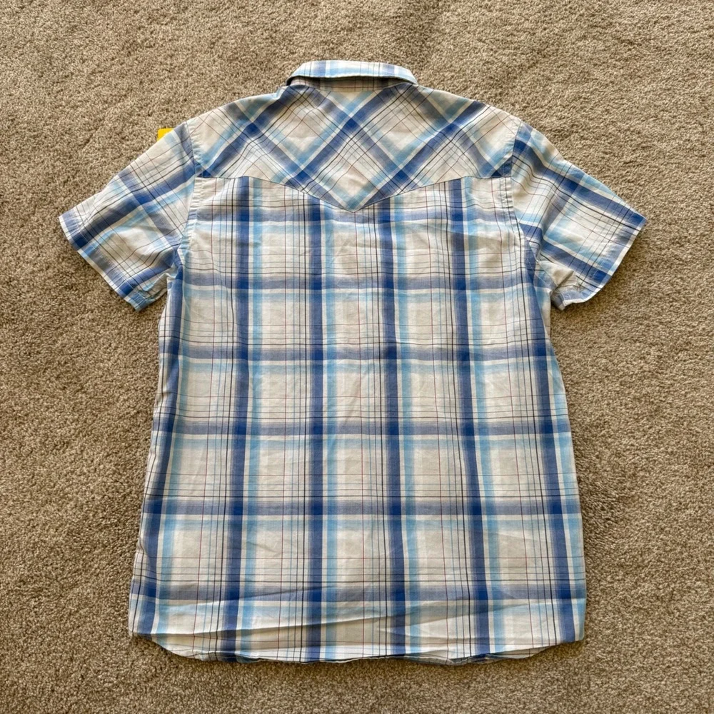 Pendleton Western Shirt Men Medium Blue Plaid Short Sleeve Pearl Snap Frontier